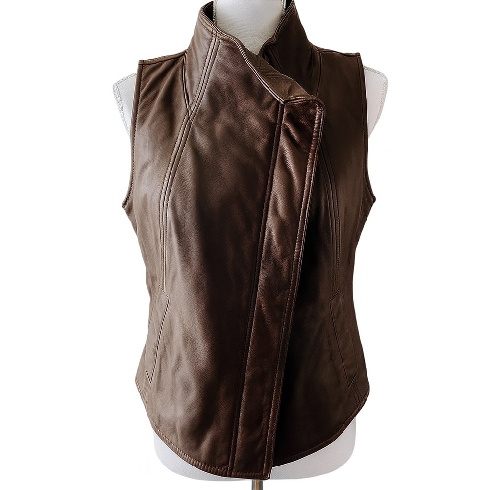 Liz Claiborne Genuine Leather Asymmetrical Espresso Draped High Funnel Collar M
